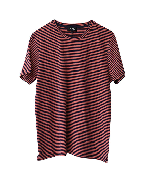 Men's A.P.C. Striped Short Sleeve Crewneck T-Shirt in Orange Cotton
