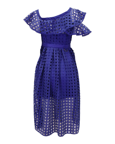 Women's Self Portrait One Shoulder Ruffled Midi Dress in Blue Polyester Lace