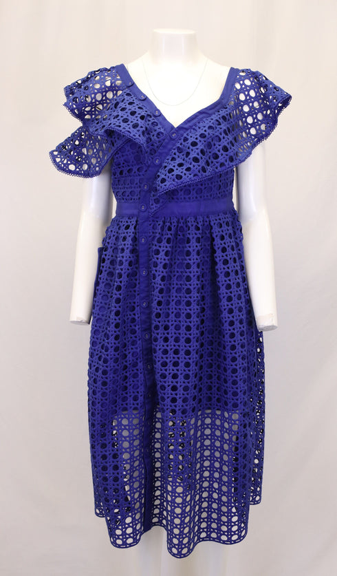 Women's Self Portrait One Shoulder Ruffled Midi Dress in Blue Polyester Lace