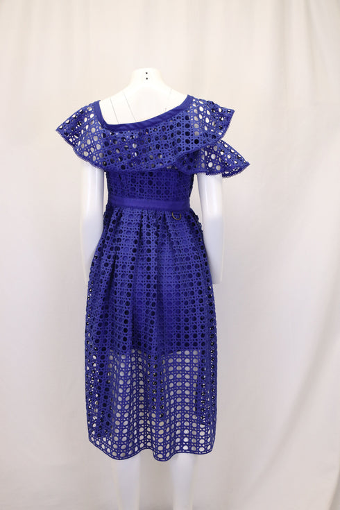 Women's Self Portrait One Shoulder Ruffled Midi Dress in Blue Polyester Lace