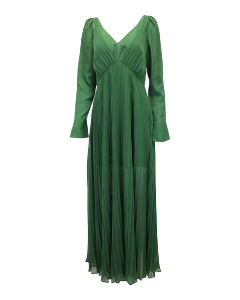 Women's Self-Portrait Pleated V-Neck Gown in Green Polyester