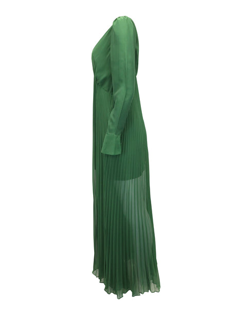 Women's Self-Portrait Pleated V-Neck Gown in Green Polyester