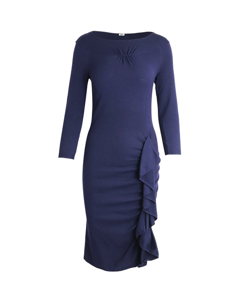 Women's Moschino Ruffle Midi Dress in Navy Blue Wool