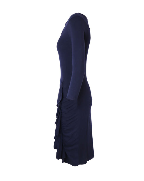 Women's Moschino Ruffle Midi Dress in Navy Blue Wool