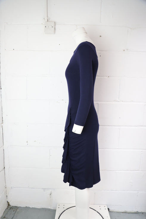 Women's Moschino Ruffle Midi Dress in Navy Blue Wool