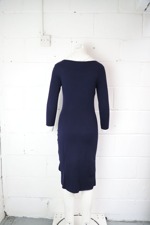 Women's Moschino Ruffle Midi Dress in Navy Blue Wool