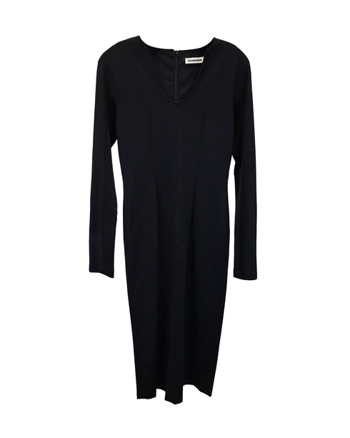 Women's Jil Sander Long Sleeve Midi Dress in Black Viscose