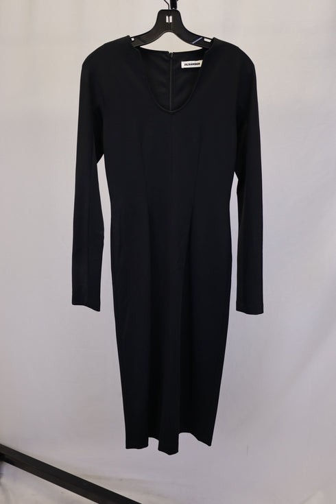 Women's Jil Sander Long Sleeve Midi Dress in Black Viscose