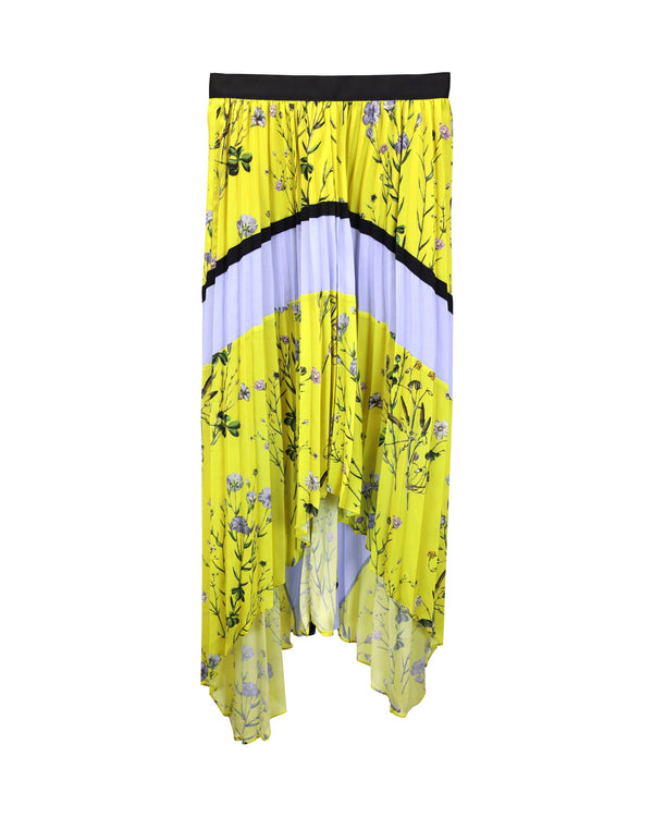 Women's Self-Portrait Asymmetric Pleated Printed Crepe De Chine Midi Skirt In Yellow Polyester
