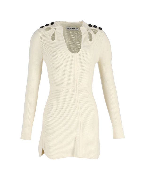 Women's Self-Portrait Button-Embellished Cutout Ribbed Mini Dress in Cream Cotton