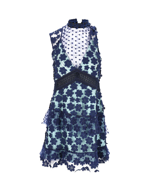 Women's Self-Portrait Sleeveless Ruffled Dress in Blue Polyester