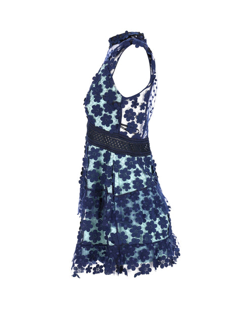 Women's Self-Portrait Sleeveless Ruffled Dress in Blue Polyester