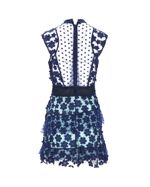 Women's Self-Portrait Sleeveless Ruffled Dress in Blue Polyester
