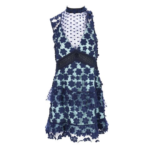 Women's Self-Portrait Sleeveless Ruffled Dress in Blue Polyester