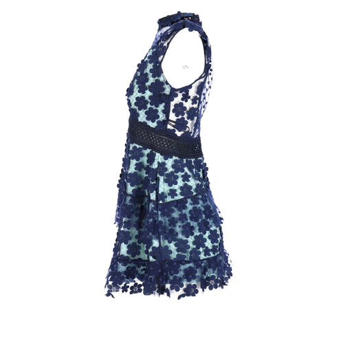 Women's Self-Portrait Sleeveless Ruffled Dress in Blue Polyester
