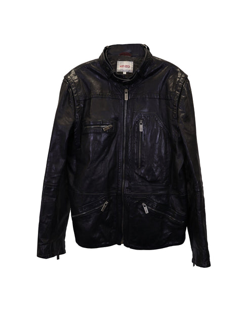 Men's Kenzo Zip Front Moto Jacket in Black Calfskin Leather
