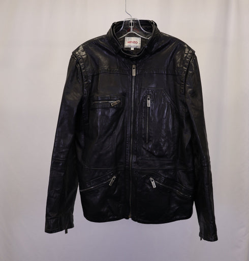 Men's Kenzo Zip Front Moto Jacket in Black Calfskin Leather