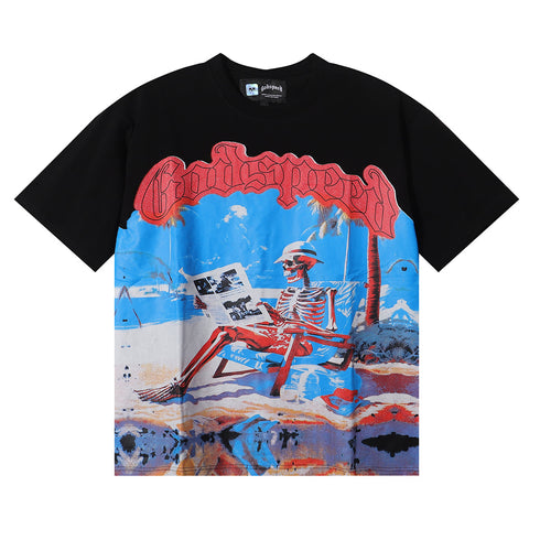Godspeed T-shirts Cozy Beach Skull Double Yarn Cotton Casual Short Sleeves Men and Women