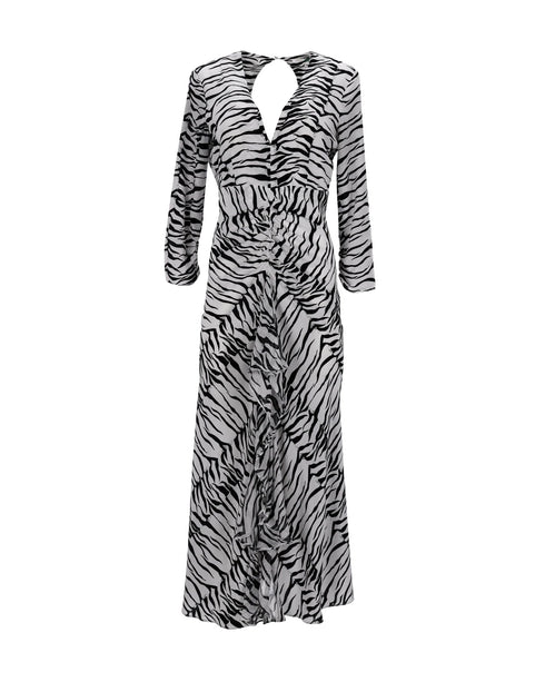Women's Rixo Rose Open Back Ruffled Maxi Dress in Animal Print Silk