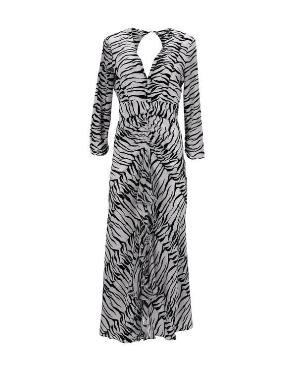 Women's Rixo Rose Open Back Ruffled Maxi Dress in Animal Print Silk
