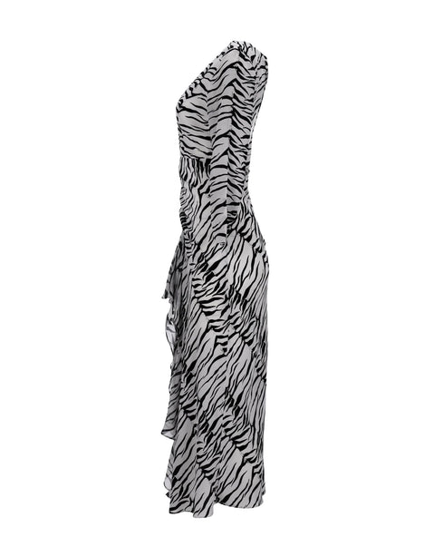 Women's Rixo Rose Open Back Ruffled Maxi Dress in Animal Print Silk