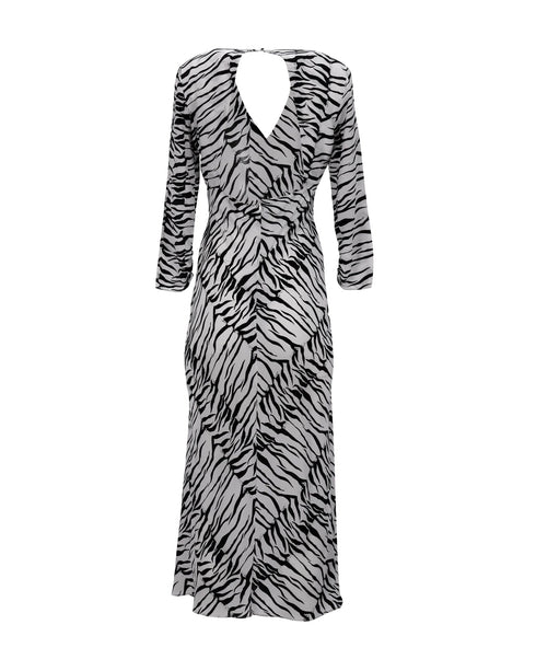 Women's Rixo Rose Open Back Ruffled Maxi Dress in Animal Print Silk