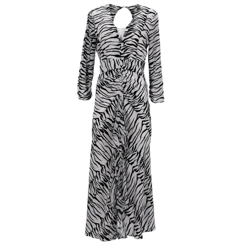 Women's Rixo Rose Open Back Ruffled Maxi Dress in Animal Print Silk