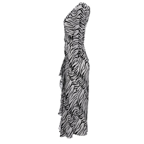 Women's Rixo Rose Open Back Ruffled Maxi Dress in Animal Print Silk