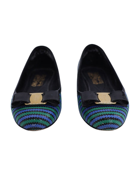 Women's Salvatore Ferragamo Striped Vara Bow Ballet Flats in Multicolor Patent Leather