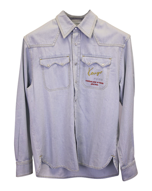 Men's Kenzo Logo Embroidered Denim Shirt in Light Blue Cotton
