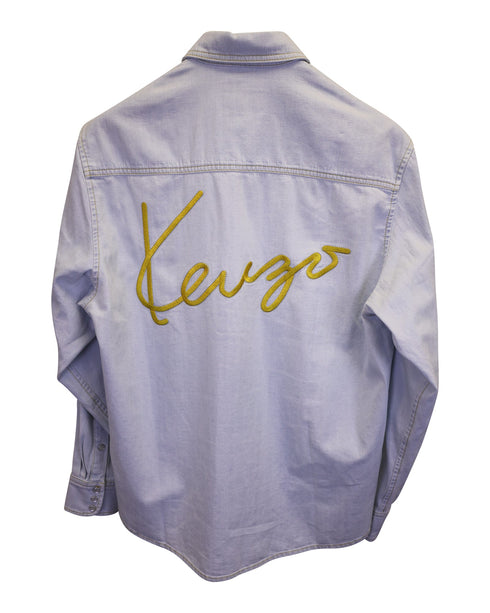Men's Kenzo Logo Embroidered Denim Shirt in Light Blue Cotton