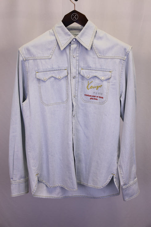 Men's Kenzo Logo Embroidered Denim Shirt in Light Blue Cotton
