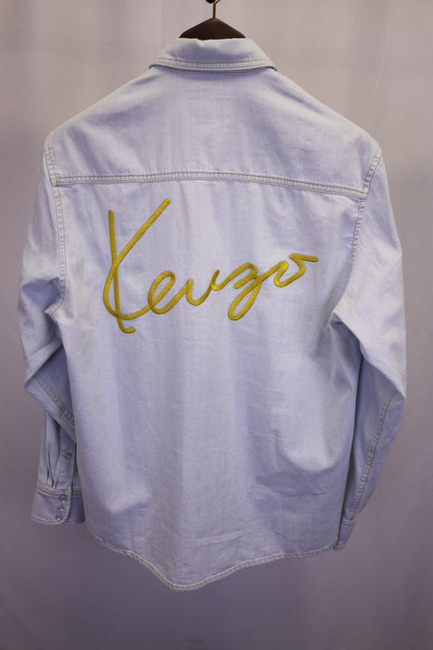 Men's Kenzo Logo Embroidered Denim Shirt in Light Blue Cotton