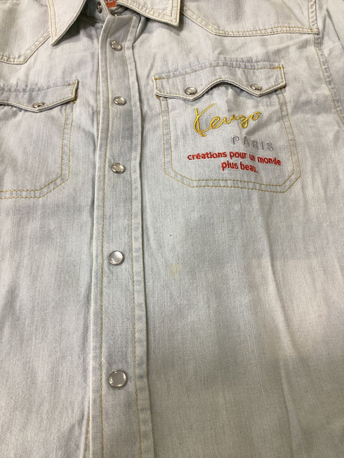 Men's Kenzo Logo Embroidered Denim Shirt in Light Blue Cotton