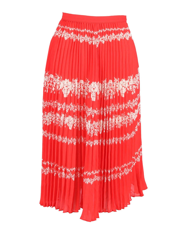 Women's Self-Portrait Pleated Floral Midi Skirt in Red Polyester