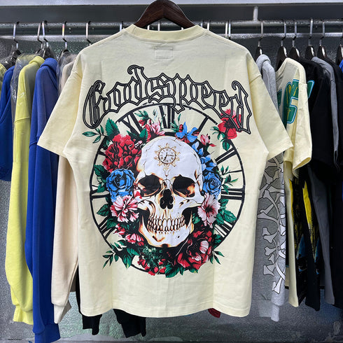Godspeed T-shirts Skull Rose Clock Plate Double Yarn Cotton Casual Short Sleeve Men and Women