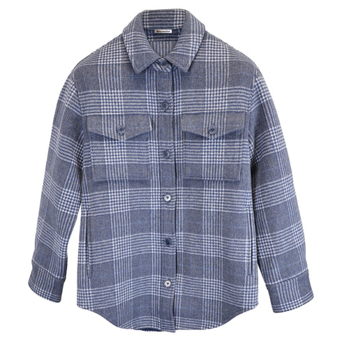 Women's Reformation Plaid Print Button-Down Jacket in Blue Wool