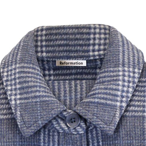 Women's Reformation Plaid Print Button-Down Jacket in Blue Wool