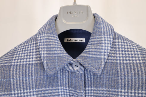 Women's Reformation Plaid Print Button-Down Jacket in Blue Wool