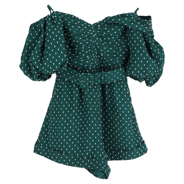 Women's Self-Portrait Polka Dot One-shoulder Belted Fil Coupé Romper in Green Polyester