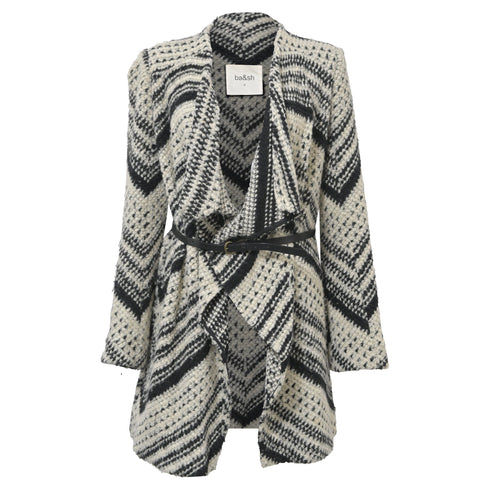 Women's Ba&Sh Ilda Open Knit Belted Cardigan in Black and White Polyester