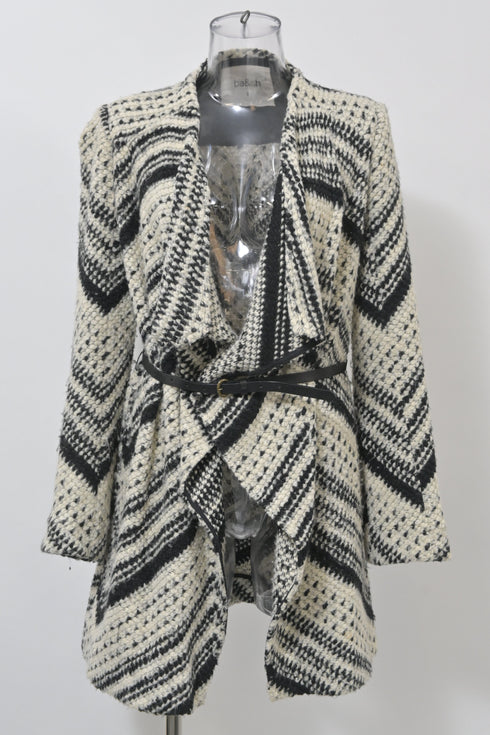 Women's Ba&Sh Ilda Open Knit Belted Cardigan in Black and White Polyester