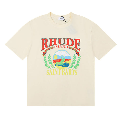 Rhude T-shirts Sunset Beach Pattern Printed Cotton Casual Short Sleeves Men and Women