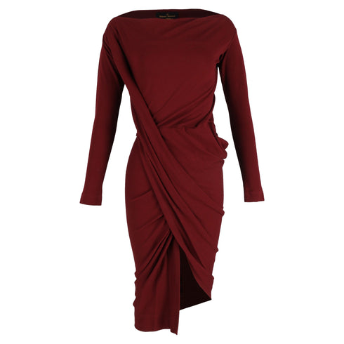Women's Vivienne Westwood Knee-Length Long Sleeve Draped Dress in Maroon Cotton