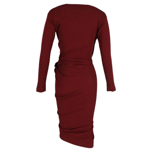 Women's Vivienne Westwood Knee-Length Long Sleeve Draped Dress in Maroon Cotton