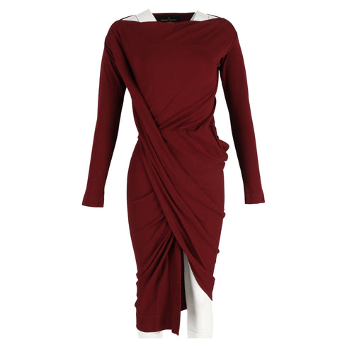 Women's Vivienne Westwood Knee-Length Long Sleeve Draped Dress in Maroon Cotton