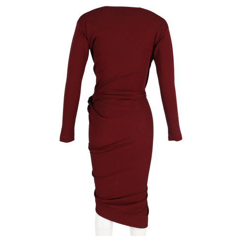Women's Vivienne Westwood Knee-Length Long Sleeve Draped Dress in Maroon Cotton