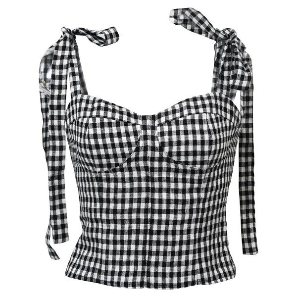 Women's Reformation Cropped Gingham Print Self-Tie Top in Black and White Cotton