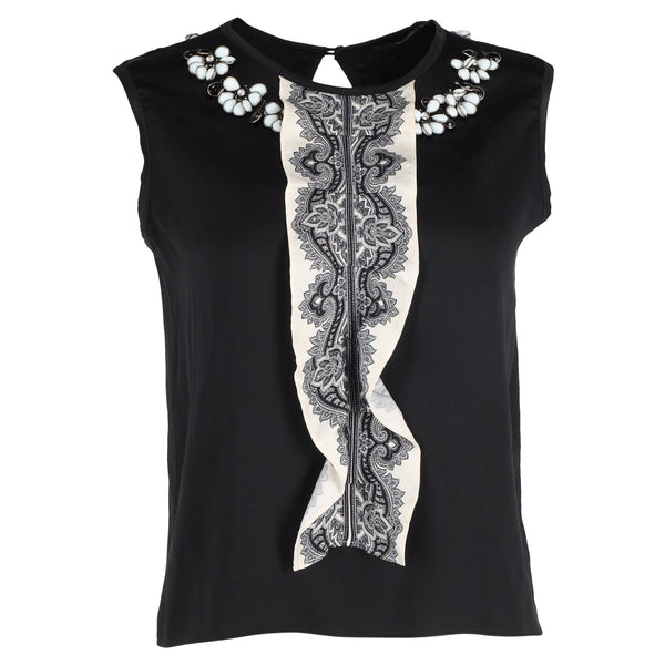 Women's Etro Sleeveless Embellished Tank Top in Black Silk