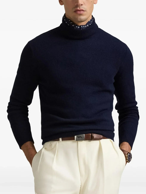 RALPH LAUREN Wool-Cotton Roll Neck Jumper Hunter Navy